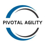 Logo featuring two semicircular lines, one blue and one black, surrounding the text "PIVOTAL AGILITY" on a white background.