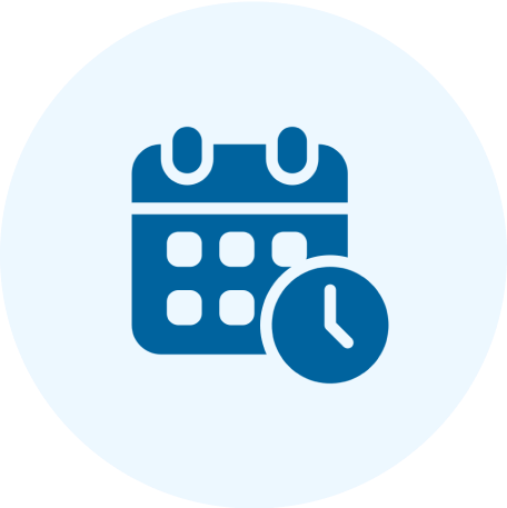 Group 1 (4) Icon of a calendar with a clock in front, symbolizing scheduling or appointments, inside a blue circle.