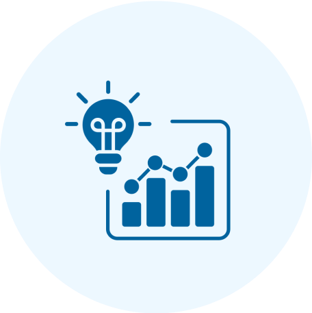 Group 2 (1) Blue icon of a light bulb and a bar graph on a circular background, symbolizing ideas and data analysis.