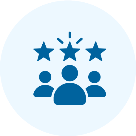 Group 3 (2) Icon of three blue figures beneath three stars on a light blue circular background.