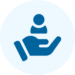 01 A blue icon of a person in the palm of someone 's hand.
