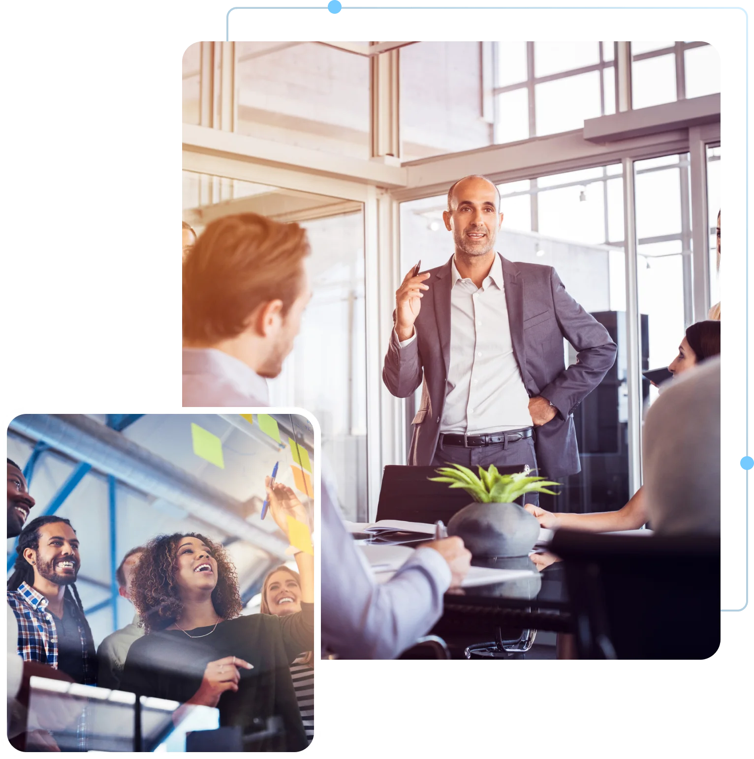 h1 1 (1) A man in a suit leads a meeting in a glass-walled office. In another image, a diverse group of people smiles and discusses, with a focus on sticky notes on a wall.